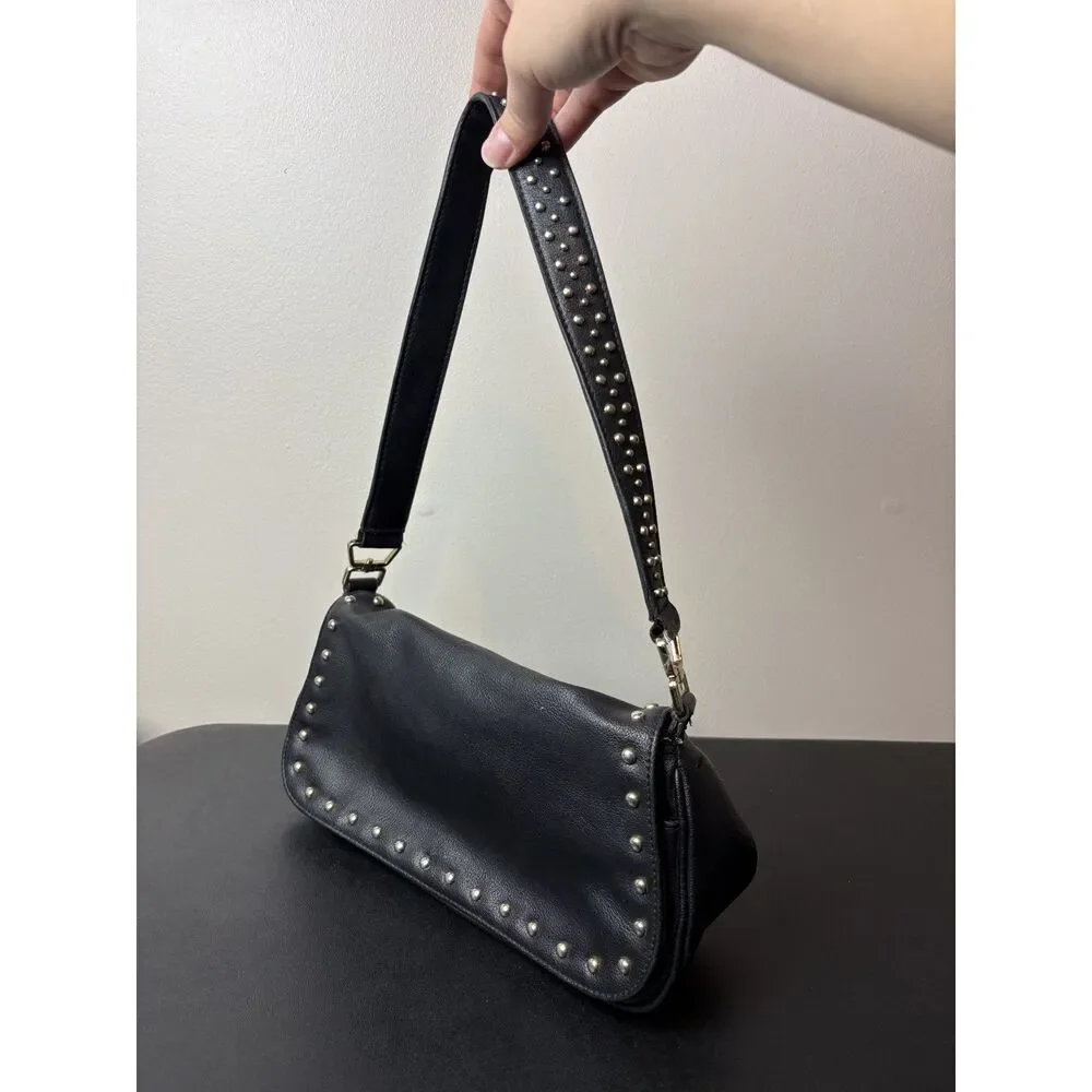 Black Faux Leather Studded Black Shoulder Bag Goth Grunge Biker Chic Rectangle